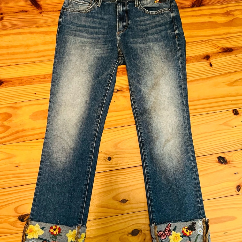 Embroidered Jeans with Floral and Butterfly Accents